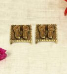 Antique Golden Aluminium Charan Paduka Set On A Metal Base With Antique Golden Finish Idol