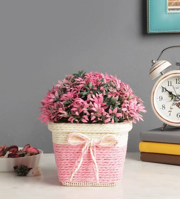 Plastic Artificial Bush With Small Pink Leaves With Pot Artificial Plants