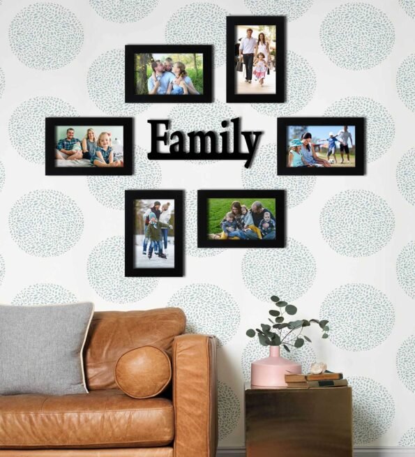 Black Synthetic Wood Set Of 06 Photo Frames With Mdf Family Plaque