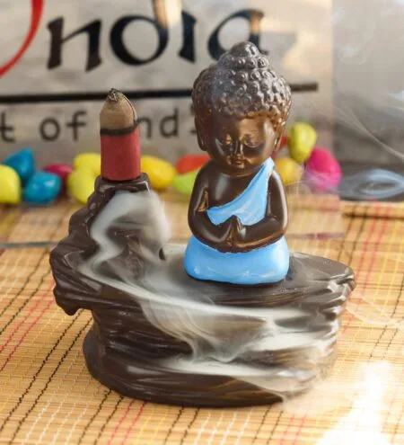 Blue Meditating Monk Buddha Smoke Fountain with 10 Backflow Cone Decorative Incense Holder