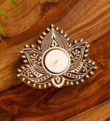 Luminous Lotus Hand-Carved Block Brown Wood Table Tea Light Holder