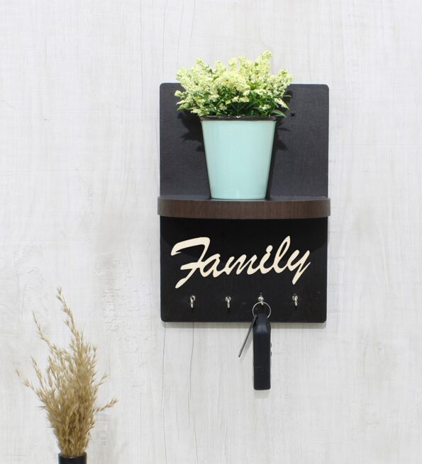 Engineered Wood "Family" Wall Shelf with 4 Key's holder in Wenge Colour