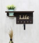 Engineered Wood “Life” Wall Shelf With 5 ‘S In Wenge Colour Key Holder