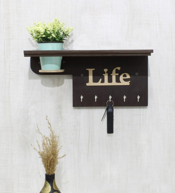 Engineered Wood "Life" Wall Shelf With 5 'S In Wenge Colour Key Holder