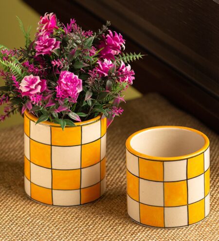 Fire Yellow & Off-White Ceramic Shatranj Checkered Handpainted Desk Pot Set of 2