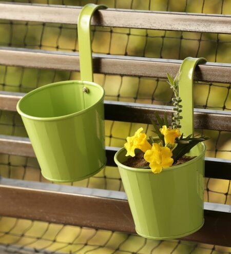 Glossy Grass Green Galvanized Iron Handpainted Railing Planter Set of 2