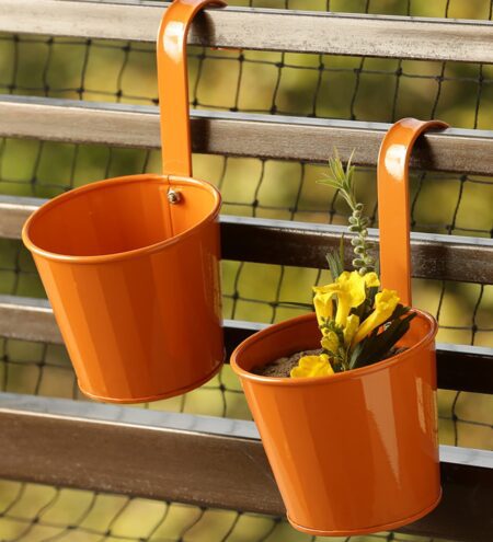 Glossy Orange Galvanized Iron Handpainted Railing Planter Set of 2