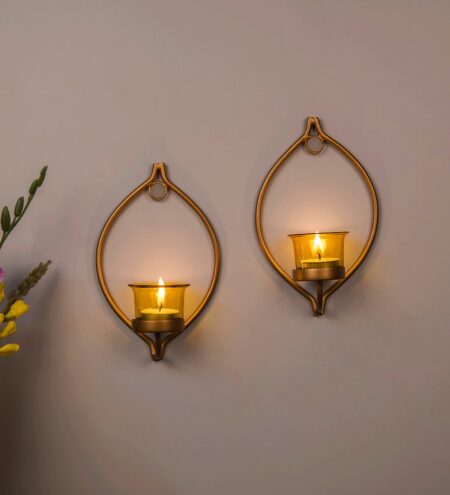 Golden Metal Majestic Decorative Drop Wall Candle Holder With Glass And Free T-Light Candles