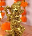 Golden Brown Polyresin 7.4 Inches Ganesha Idol Statue With Wooden Tray & Matki Candles