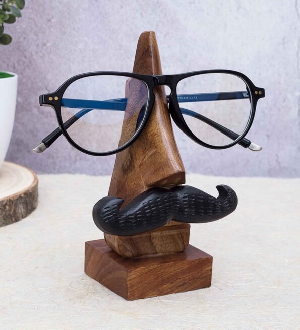 Golden Peacock Handmade Wooden Nose Shaped Spectacle Or Eyeglass Holder Stand With Moustache Desk Organizer