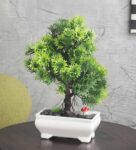 Green Plastic And Polyester Blend 3 Branched Thick Leaves Bonsai Tree With Pot