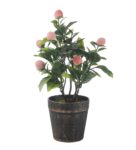 Green Plastic and Polyester Blend Artificial Peach Bonsai Tree