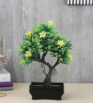 Green Plastic and Polyester Blend Artificial Y Shaped Bonsai Tree with Fern Green Leaves and Yellow Flowers