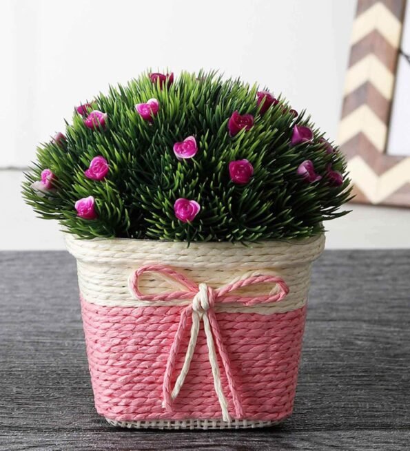 Green Plastic Purple Flowers Artificial Plant with Pot