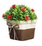 Green Plastic Red Roses Artificial Plant with Pot