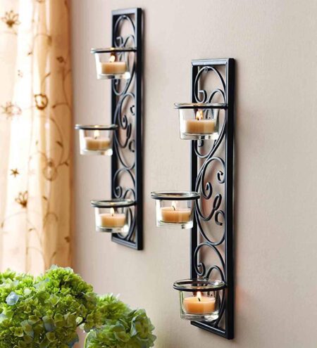 Hosley Set Of 2 Wall Hanging Tealight Candle Holder Metal Wall Sconce With Glass Cups And Tealight