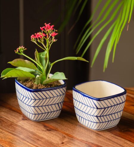 Indigo Blue & White Ceramic Indigo Chevron Duo Handpainted Desk Pot Set of 2