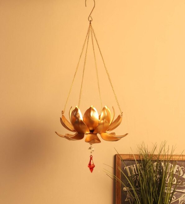 Lotus Gold Metal Hanging Tea Light Holder