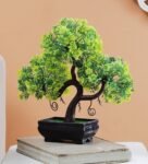 Green & Yellow Flowers Plastic S Shaped Bonsai Artificial Tree with Brown Pot