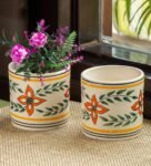 Multicolour Ceramic Ethnic Lily Handpainted Desk Pot Set Of 2