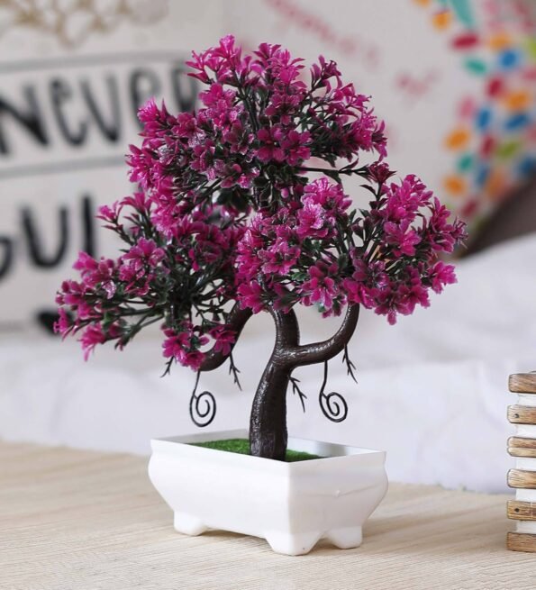 Magenta Colored Leaves Plastic S Shaped Artificial Plant with Pot