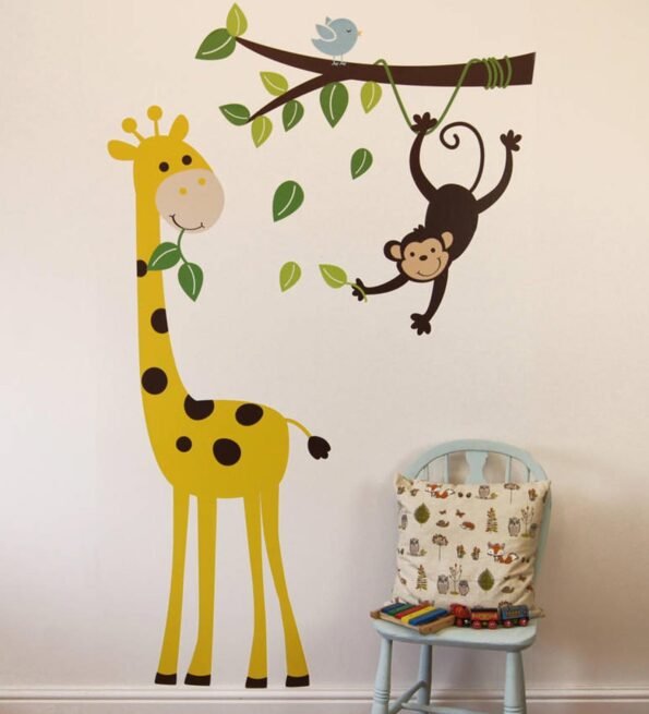 Cute Giraffe Hanging Monkey Bird Wall Sticker