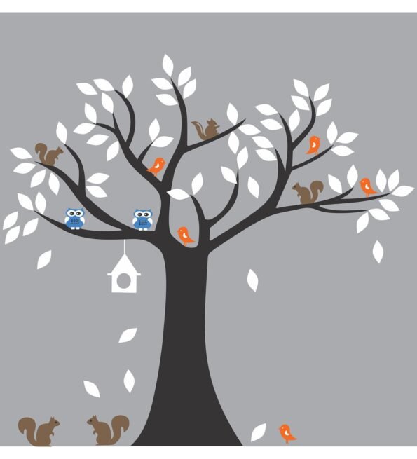 Pvc Wall Stickers Beautiful Birds Owl Squirrel On A Tree