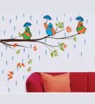 Wall Stickers Beautiful Birds With Umbrella In Rain On Tree Branches