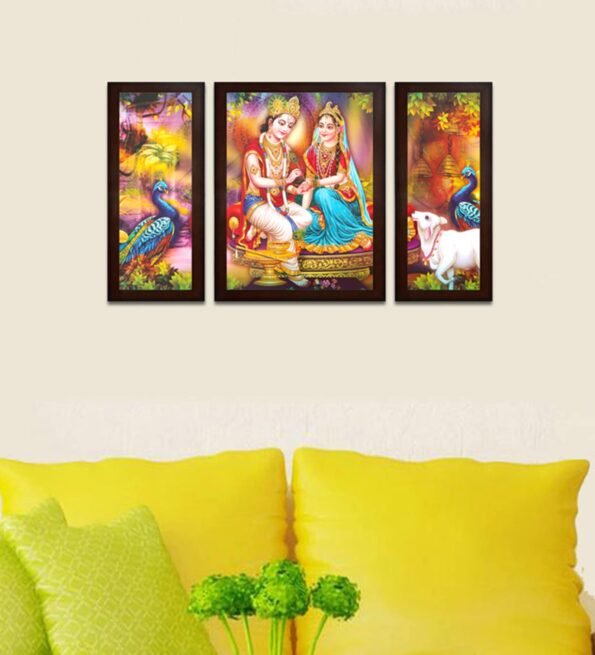 Radhe Krishna in Garden MDF Set of 3 Wall Art Print