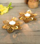 Small Flower Cut Lotus Gold Metal Table Tea Light Holder Set Of 2