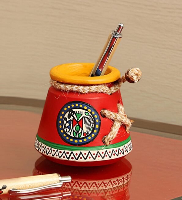 Warli Handpainted Terracotta Felicity Pen Stand