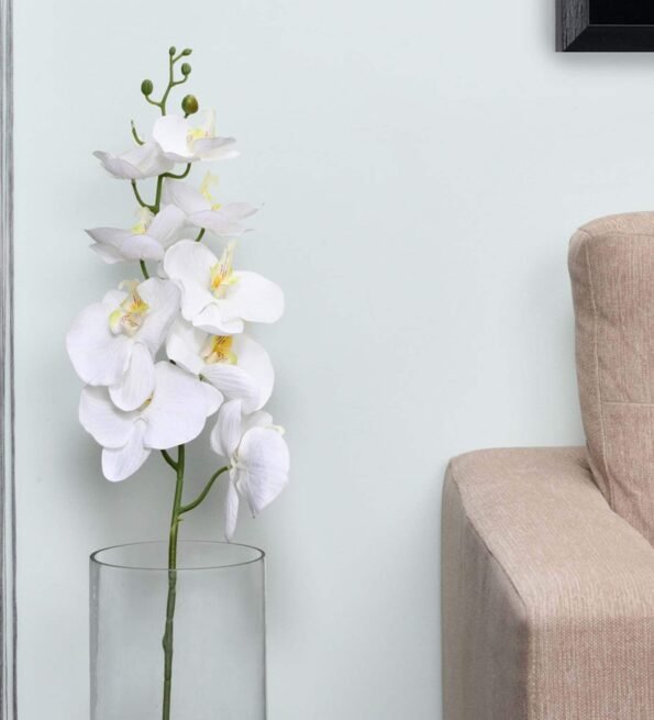 White Fabric & Plastic Orchid Butterfly Artificial Flower Stick Without Pot