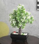 White Plastic And Polyester Blend 3 Branched Greenish White Leaves Bonsai Tree With Pot