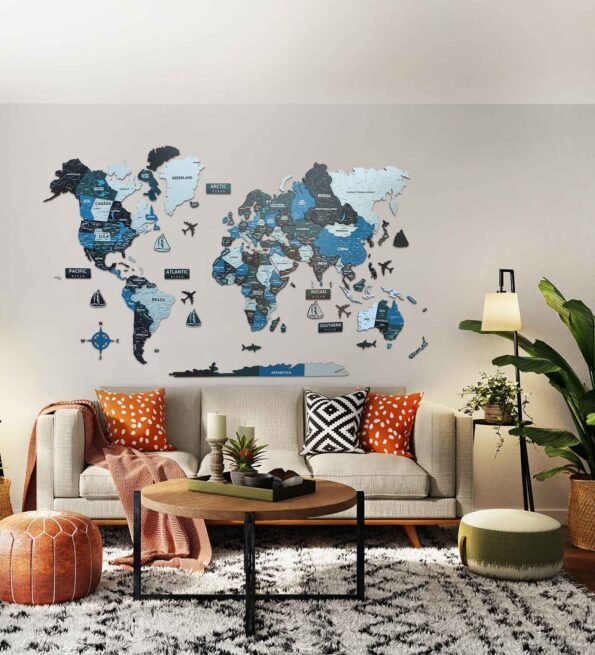 3D Wooden World Map Multicolour