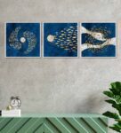 Abstract Blue Canvas Framed People and Places Art Print Set of 3