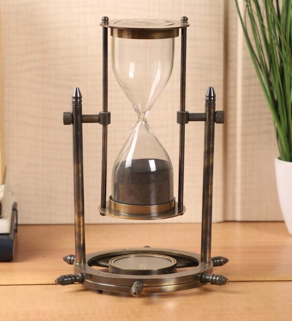 Antique Brass Hanging Sand Timer With Shipwheel Compass