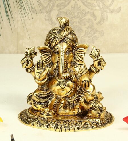 Antique Golden Aluminium Ganesha With Turban In Metal Antique Gold Plated Idol