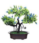 Artificial 3 Head Tree with Green Leaves and Blue Flowers with Pot