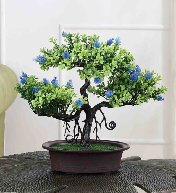 Artificial 3 Head Tree with Green Leaves and Blue Flowers with Pot