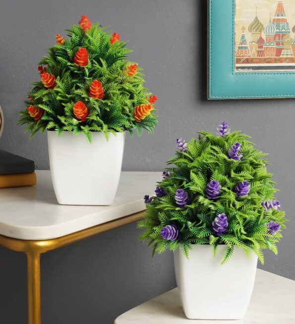 Artificial Plant Combo with Green Leaves Orange and Purple Cone Shaped Flowers with Pot