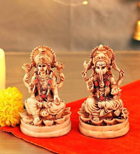 Beige & Brown Polyresin 4.4 Inches Laxmi Ganesha Idol Statue