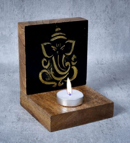 Black Wood Ganesha Tea Light Holder