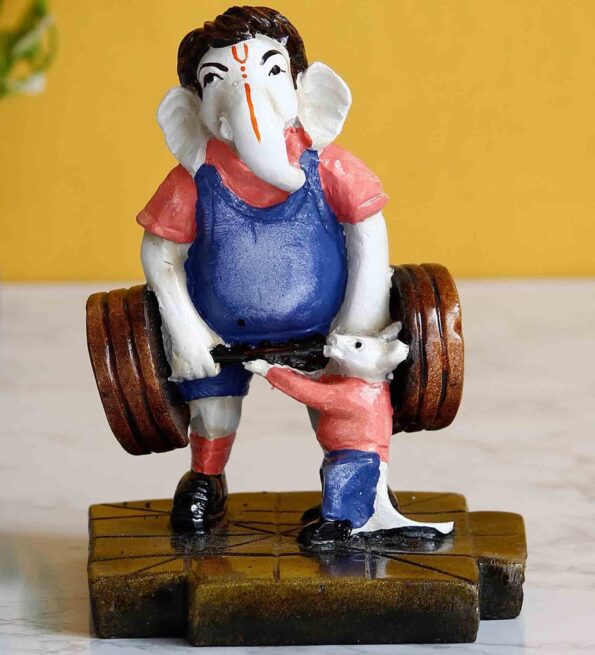 Blue and Brown Polyresin Lord Ganesha Doing Weightlifting with Mushak Idol