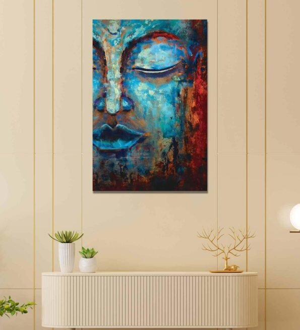 Oil Paint Buddha Blue Canvas Teakwood And MDF Framed Spiritual Art Print