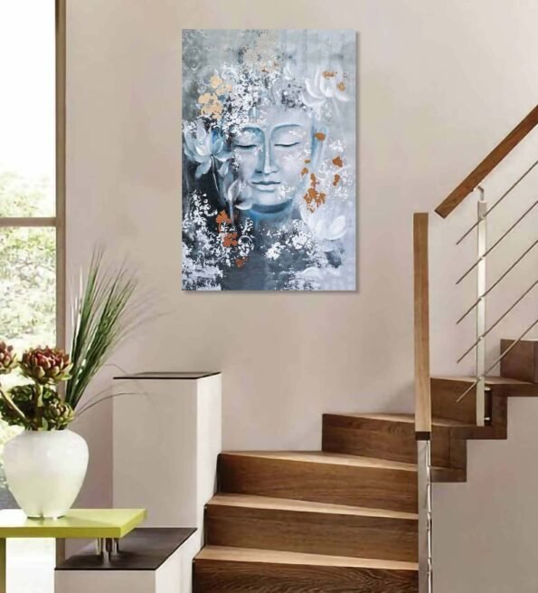 Buddha in Grey & White Canvas Teakwood And MDF Framed Spiritual Art Print