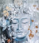 Buddha in Grey & White Canvas Teakwood And MDF Framed Spiritual Art Print