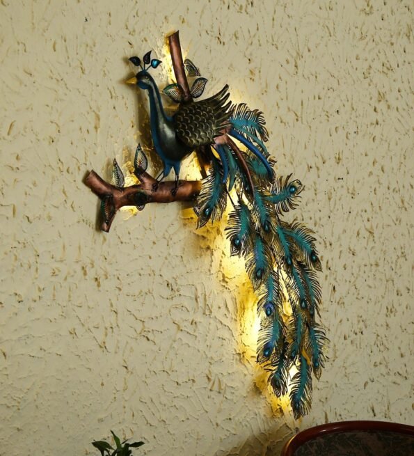 Wrought Iron Peocock Wall Art With Led In Blue