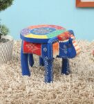 Blue Wooden Light Handpainted Elephant Stool