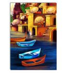 Boats Parked At Banaras Ghat Canvas Printed Wall Painting