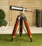 Brown Brass & Wood Antique Telescope With Tripod Stand